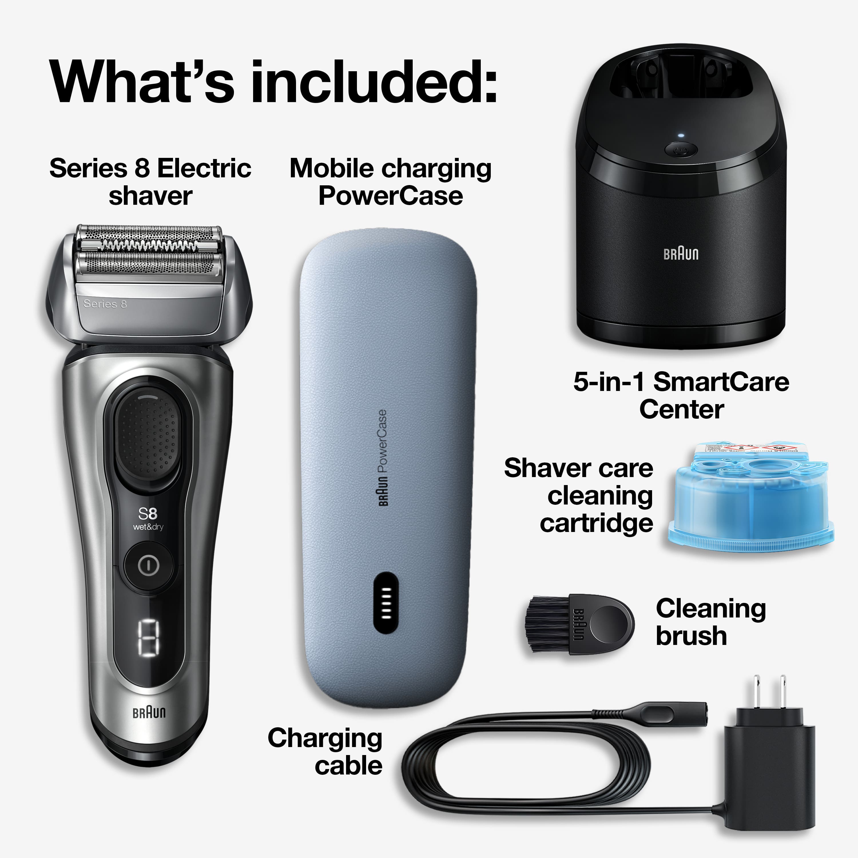 The image features a Braun electric shaver and its accessories. The shaver is shown in the middle of the image, with a charging cable and a cleaning brush on the right side. The shaver is accompanied by a PowerCase, which is a mobile charging station. The image also includes a 5-in-1 SmartCare Center, a shaver care cleaning cartridge, and a cleaning brush. The Braun electric shaver and its accessories are displayed in a way that highlights their features and benefits.