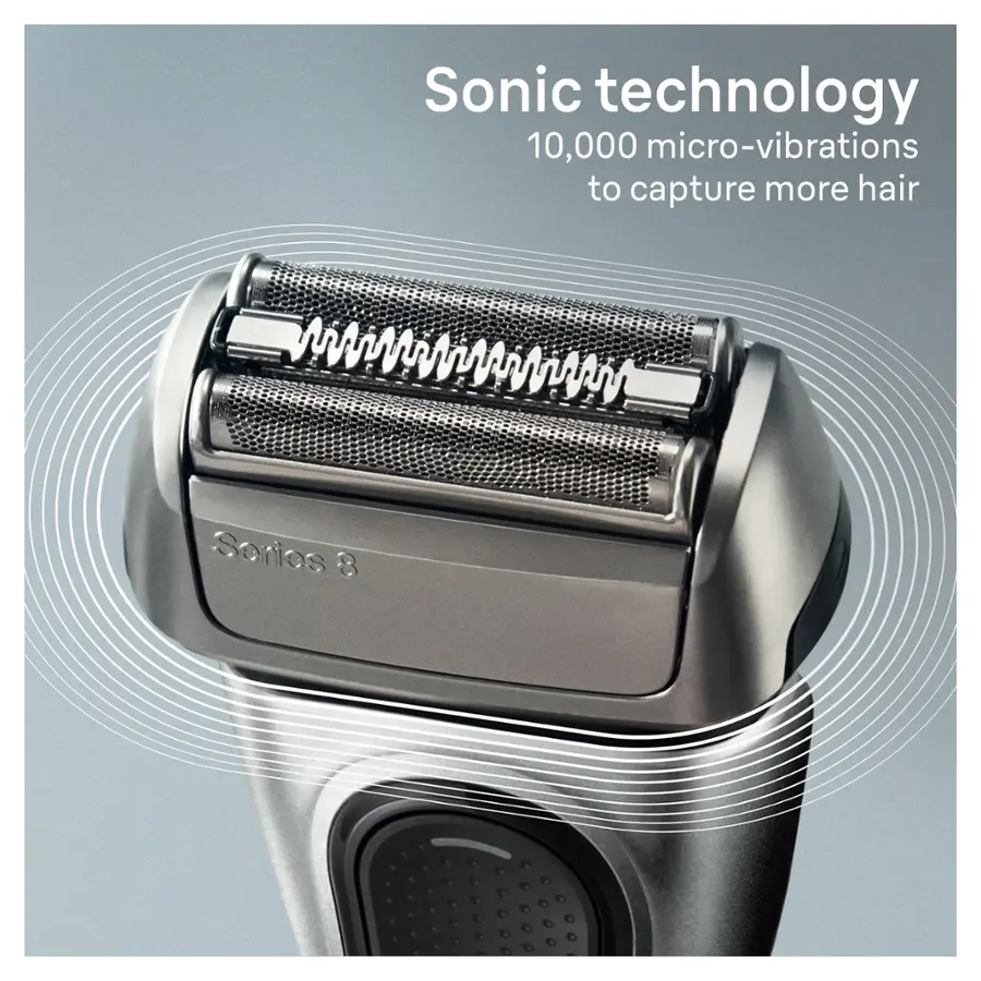 The image features an electric shaver with a silver body and a black and silver blade. The shaver is described as having "Sonic technology," which provides 10,000 micro-vibrations to capture more hair. The shaver is labeled "Sonios 8."