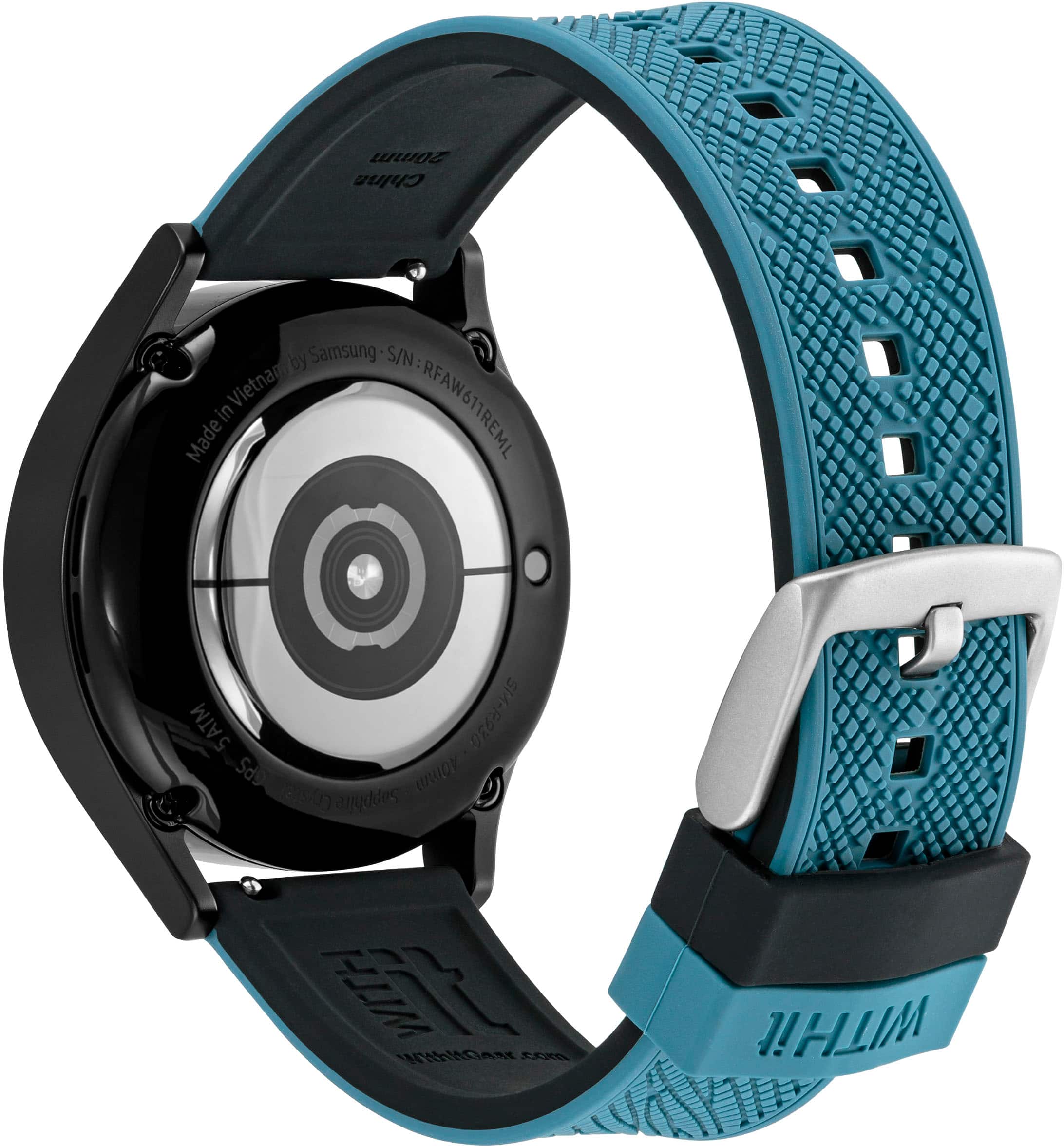 The image features a blue watch with a black face and a white band. The watch is made by Samsung and has a 20mm face. The watch is waterproof and can be used for diving up to 5 ATM. The watch is also equipped with a stopwatch and a timer. The watch is designed to be worn on the left wrist.