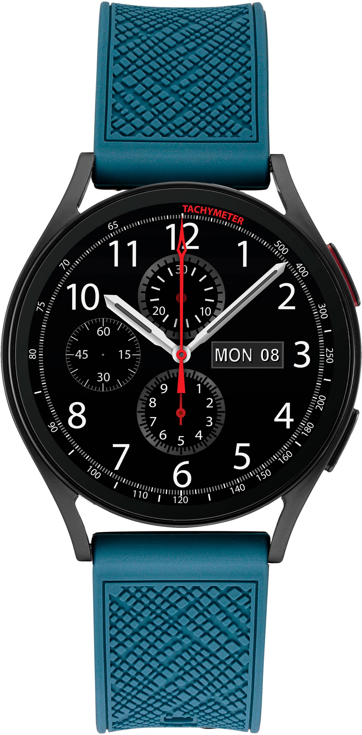 The watch is a black and blue Tissot watch. It has a black face with white numbers and a blue band. The watch has a tachymeter and a stopwatch function. The time displayed is 10:30.