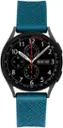 The watch is a black and blue Tissot watch. It has a black face with white numbers and a blue band. The watch has a tachymeter and a stopwatch function. The time displayed is 10:30.