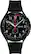 The watch has a black face with a red second hand. The time displayed is 10:10. The watch is a Tachymeter watch, which is designed to measure speed based on time and distance. The watch also has a date display, which shows the date as Monday, August 8th. The watch is black and silver in color, and it is a wristwatch.