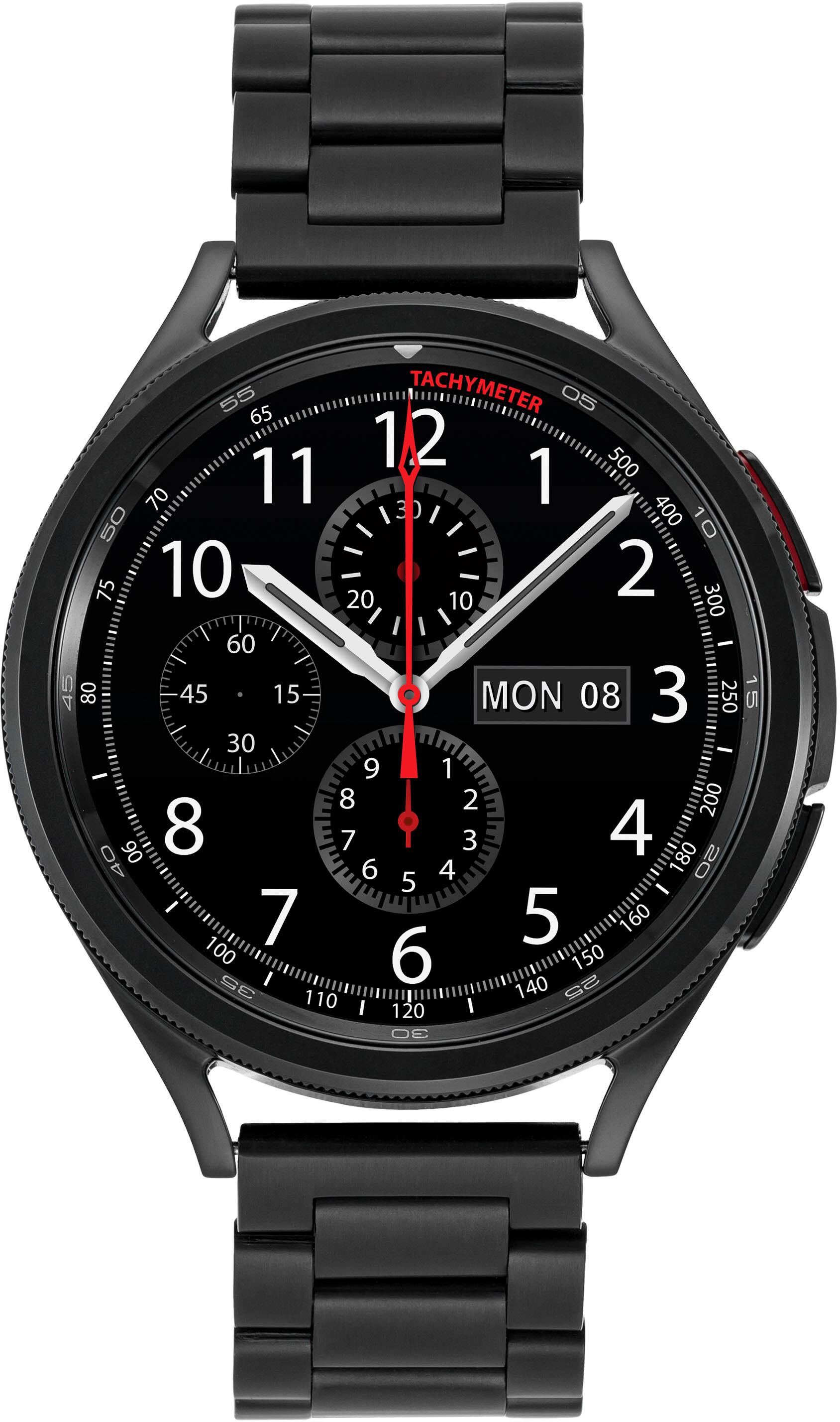 The black watch face displays the time as 1:50. The watch is a Tachymeter watch, which is designed to measure the speed of an object. The watch face also includes the day of the week, which is Monday, and the date, which is the 8th of the month. The watch has a black band and is likely a wristwatch.
