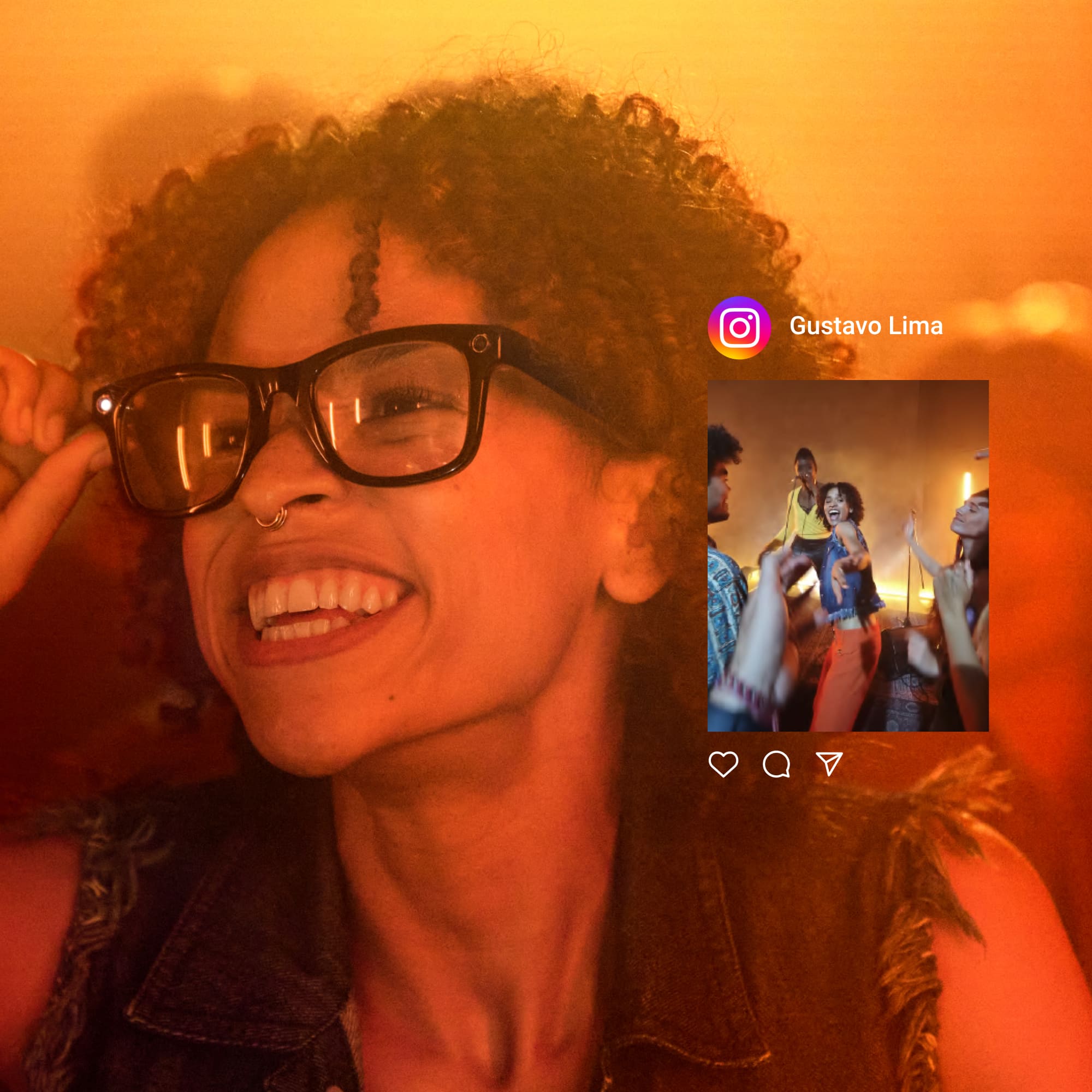 The image features a pair of sunglasses, not headphones or headsets. The sunglasses have a black frame and are placed on a white background.