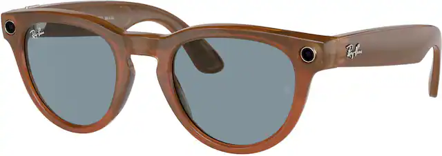 Front. Ray-Ban Meta - Headliner Smart Glasses with Meta AI, Audio, Photo, Video Compatibility - Blue Lenses - Shiny Caramel.