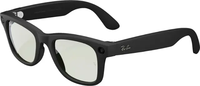 Front. Ray-Ban Meta - Wayfarer Large Smart Glasses with Meta AI, Audio, Photo, Video Compatibility - Clear to Green Transitions Lenses - Matte Black.