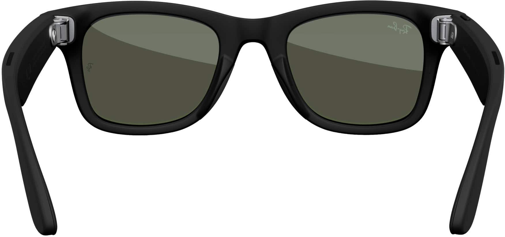 The image features a pair of sunglasses, not headphones or headsets. The sunglasses have a black frame and are placed on a white background.