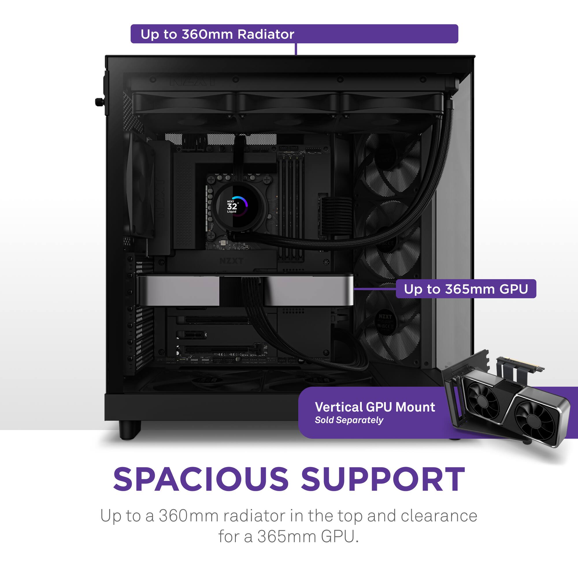 Up to 360mm Radiator E7EANT: 32 - L NZXT Up to 365mm GPU NEXT Vertical GPU Mount Sold Separately SPACIOUS SUPPORT Up to a 360mm radiator in the top and clearance for a 365mm GPU.