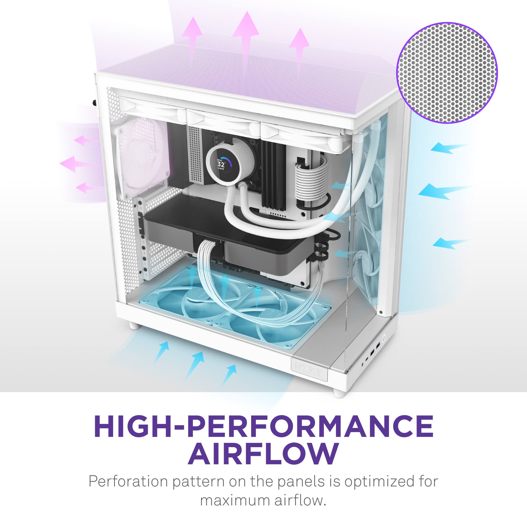 The text on the image is already grouped and correct. It reads: "32 - RZXT HIGH-PERFORMANCE AIRFLOW Perforation pattern on the panels is optimized for maximum airflow."