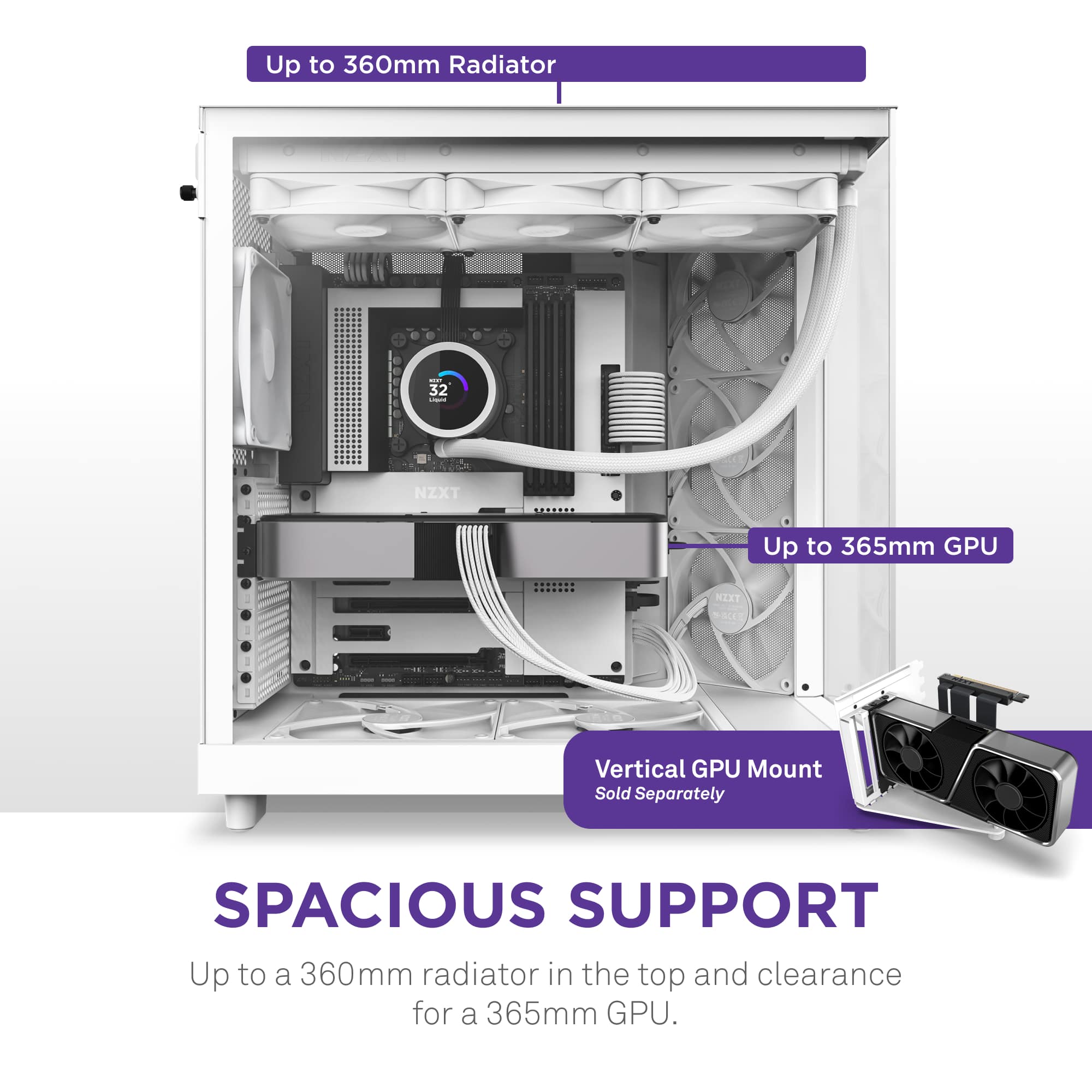 Up to 360mm Radiator I 32 - NZXT Up to 365mm GPU NIXT acE Vertical GPU Mount Sold Separately SPACIOUS SUPPORT Up to a 360mm radiator in the top and clearance for a 365mm GPU.