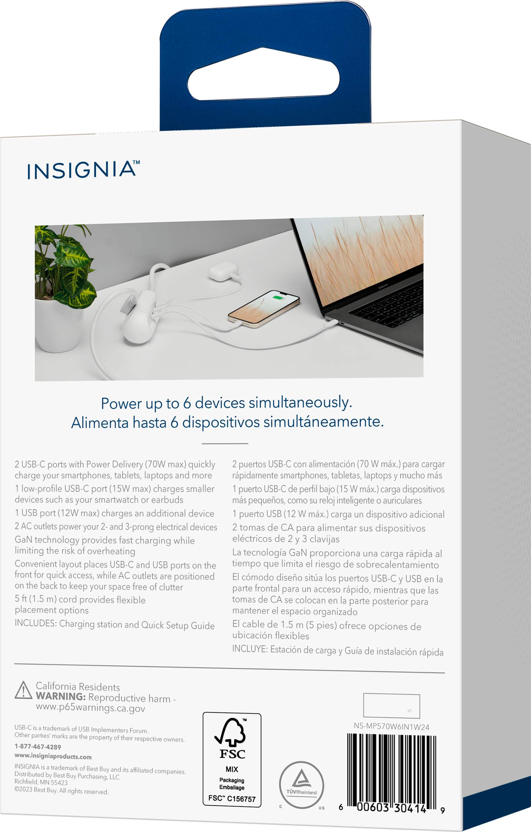 Alt View 14. Insignia™ - 6-in-1 70W Charging Station with 2 AC outlets, 3 USB-C and 1 USB ports for laptops, tablets, smartphones and more - White.