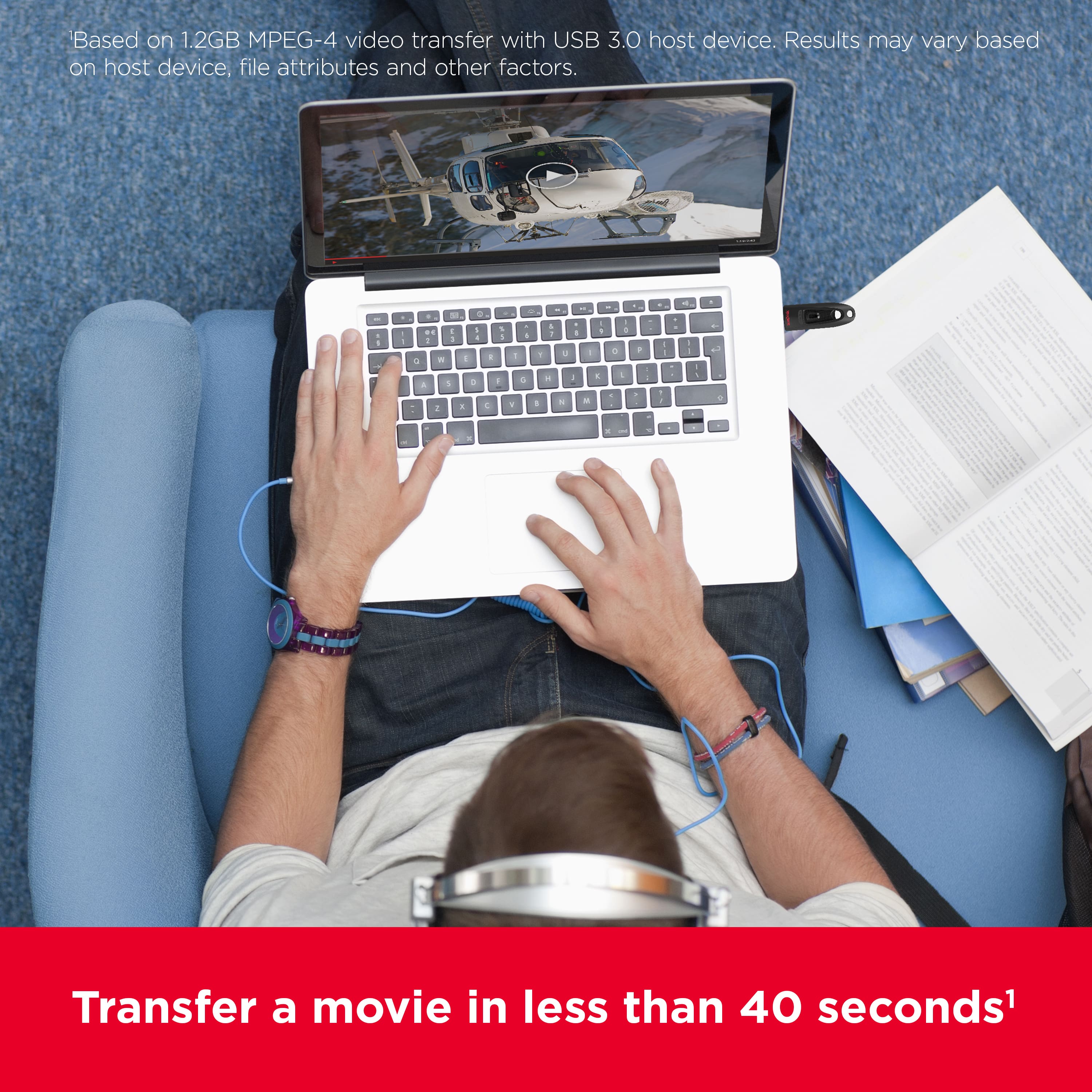 Based on 1.2GB MPEG-4 video transfer with USB 3.0 host device. Results may vary based on host device, file attributes and other factors. Transfer a movie in less than 40 seconds.
