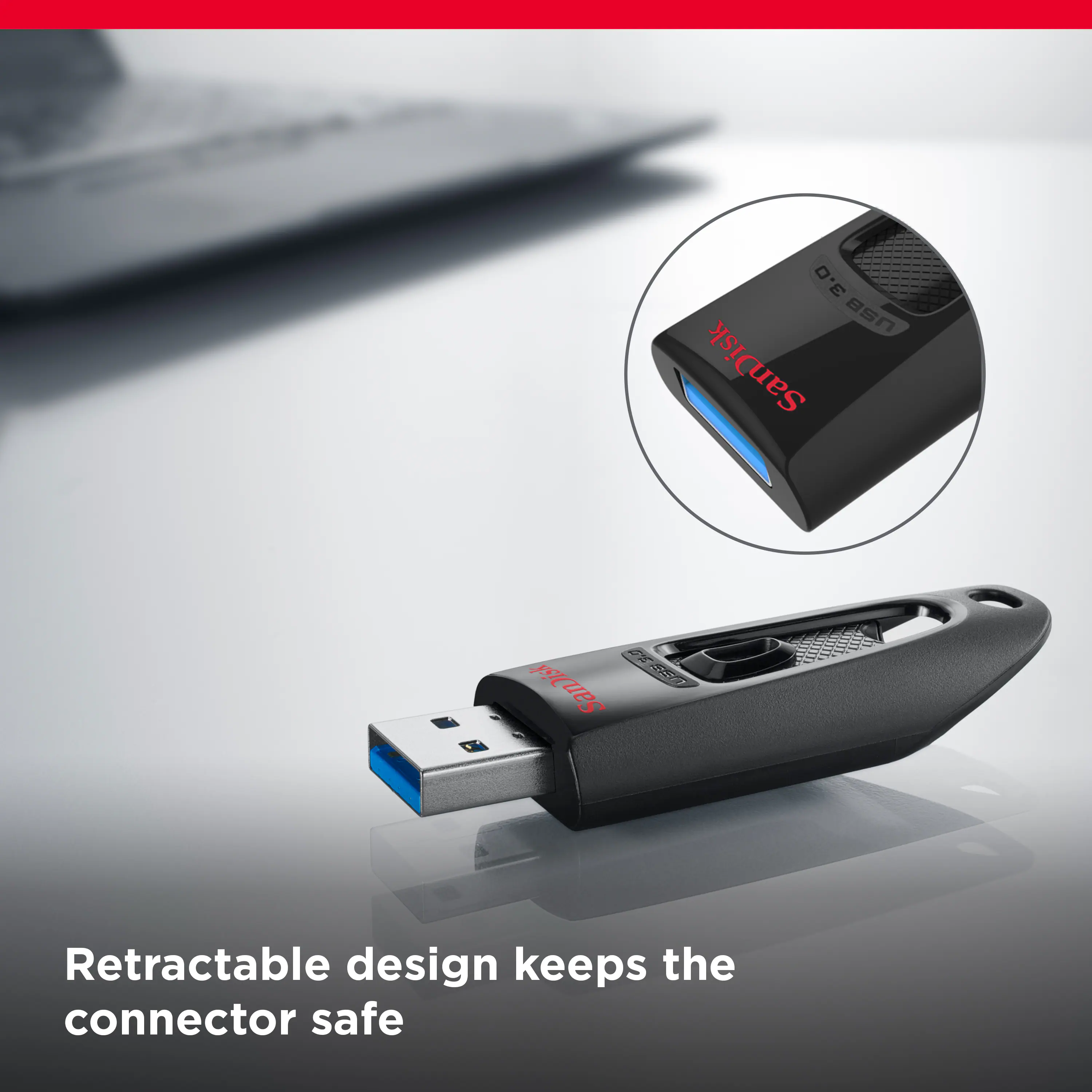 The text on the image reads: "Retractable design keeps the connector safe."