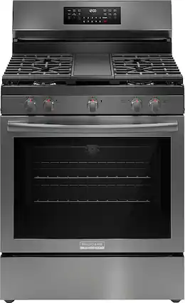 Front. Frigidaire - Gallery 5.1 Cu. Ft. Freestanding Gas Total Convection Range with Self Cleaning - Black Stainless Steel.