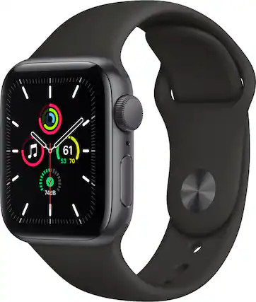 Front. Apple - Geek Squad Certified Refurbished Watch SE (GPS) 40mm Space Gray Aluminum Case with Black Sport Band - Space Gray.