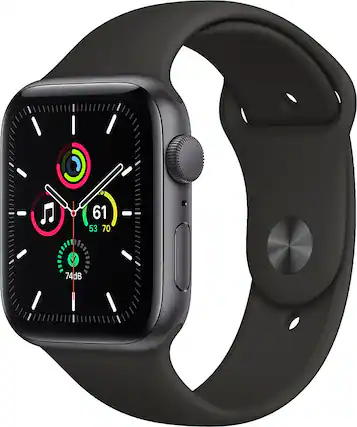 Front. Apple - Apple Geek Squad Certified Refurbished Watch SE (GPS) 44mm Space Gray Aluminum Case with Black Sport Band - Space Gray.
