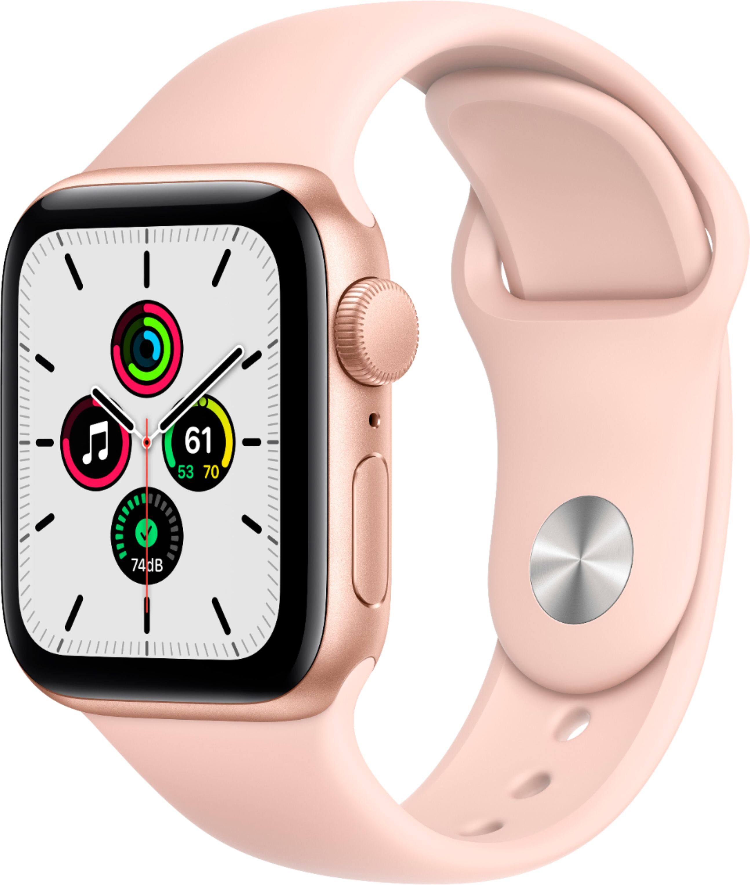 Front. Apple - Geek Squad Certified Refurbished Watch SE (GPS) 40mm Gold Aluminum Case with Pink Sand Sport Band - Gold.