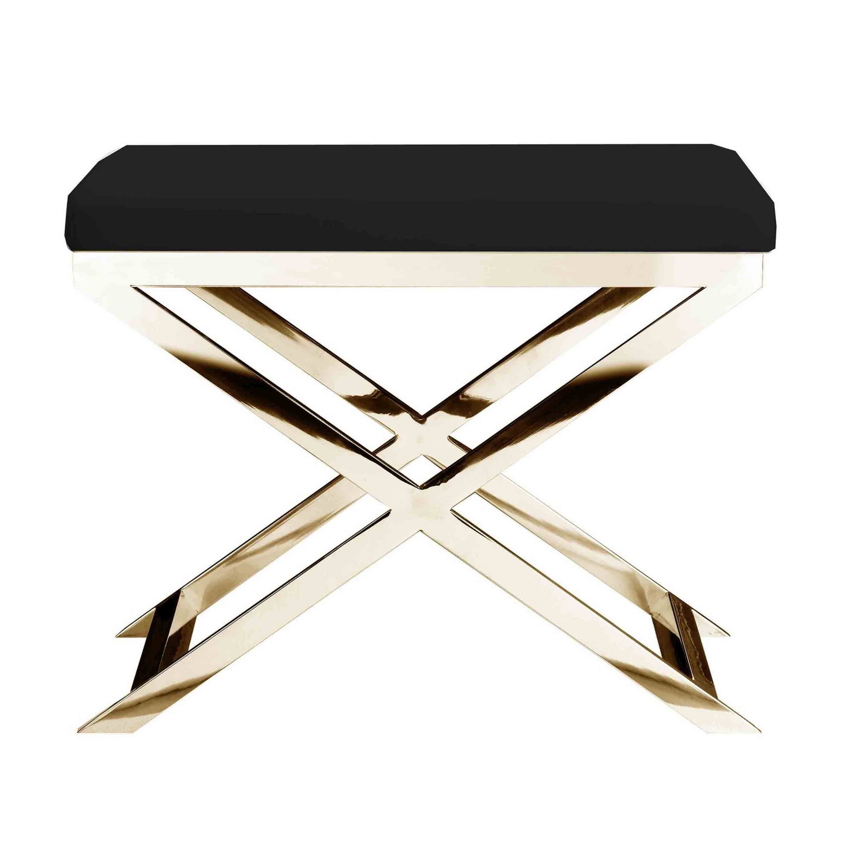 Angle. Manhattan Lane - 20 Inch Ottoman Stool, Black Faux Leather, Stainless Steel Frame, Gold - Black, Gold.
