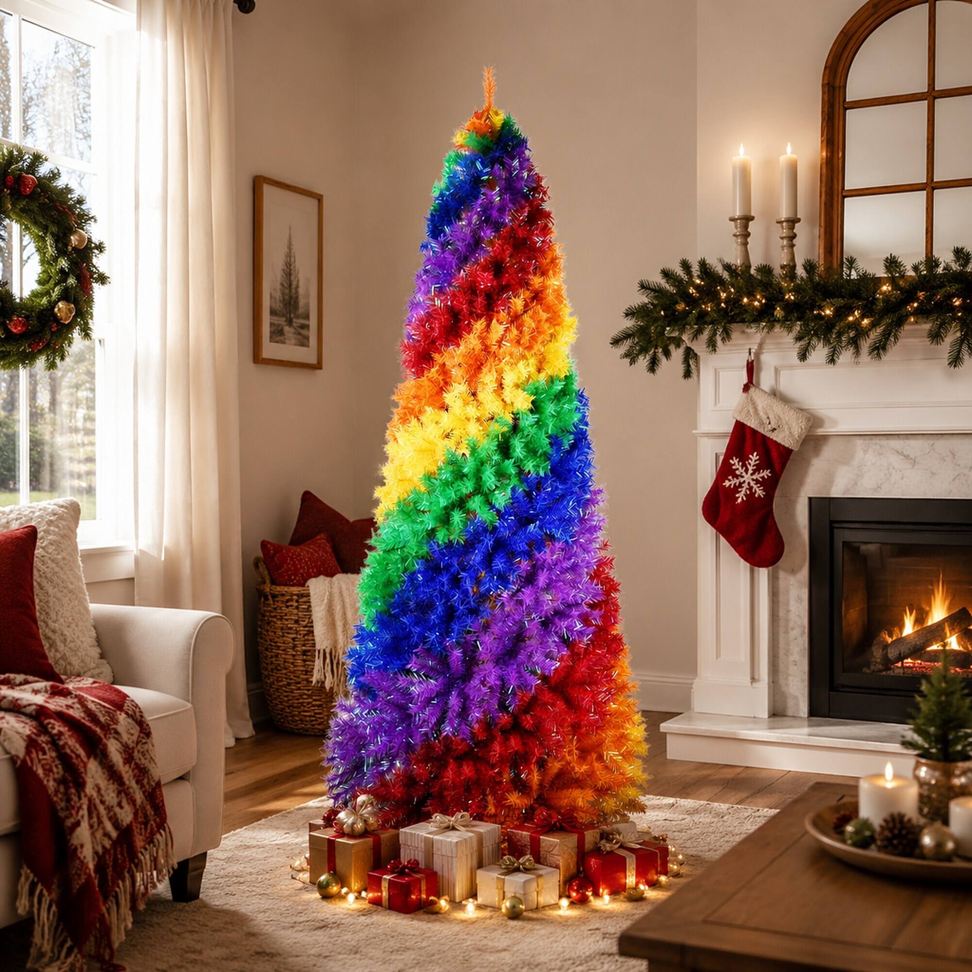 Angle. RYHNUYNE - 7.5Ft Rainbow Spiral Christmas Tree,1825 Branch Tips Colorful PVC Unique Spiral Design Full Lush Shape - Colorful.