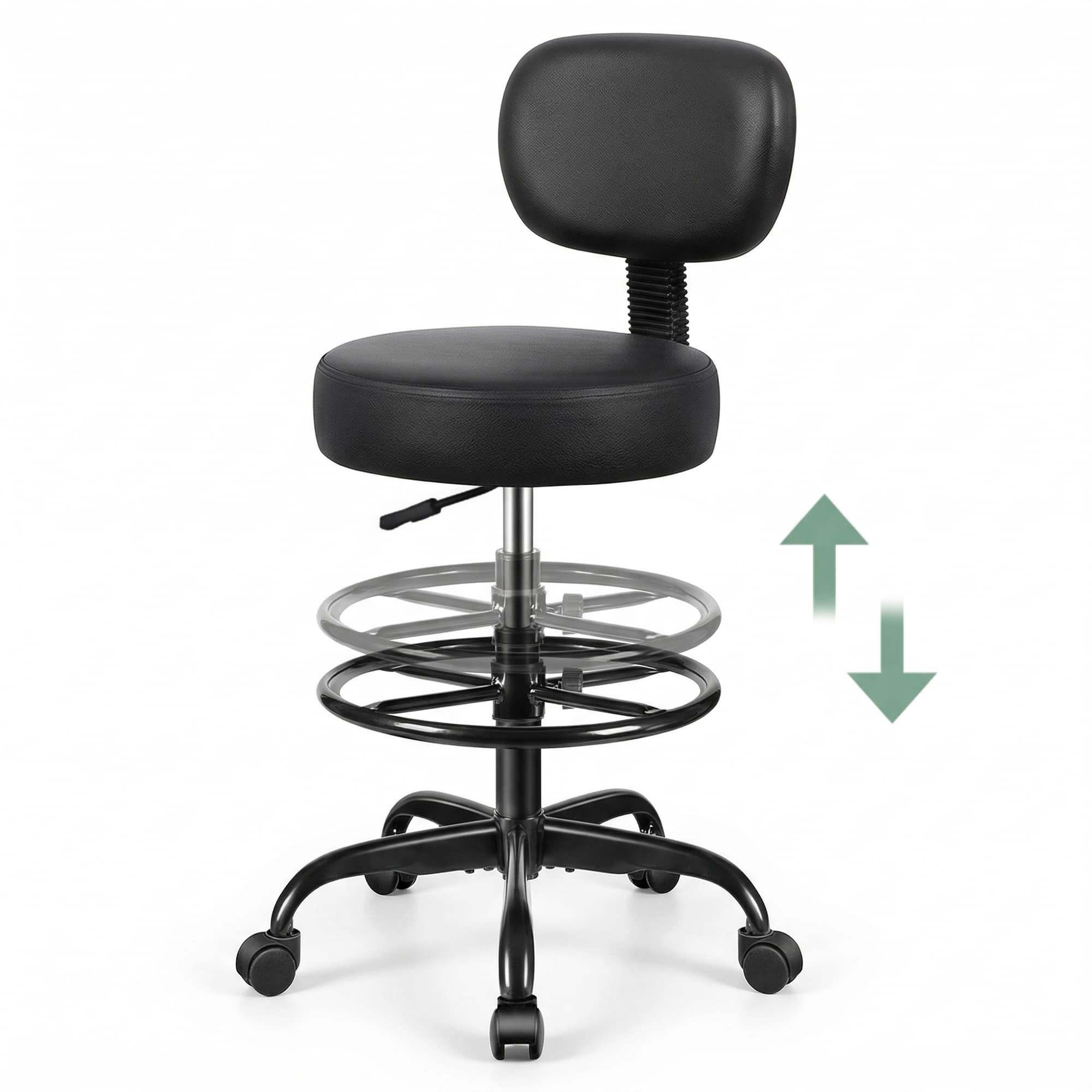Brick Attic - PU Leather Drafting Office Chair with Wheels,Rolling Stool with Adjustable Footrest Ring for Office Studio Lab Salon Spa - Black