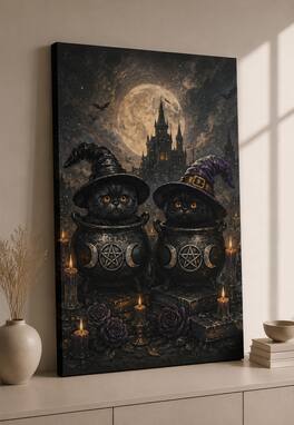 FC Design - Large Witch Cat Duo Wall Art Canvas Print 24x36" Halloween Fantasy Black Painting for Home Decor - MultiColor