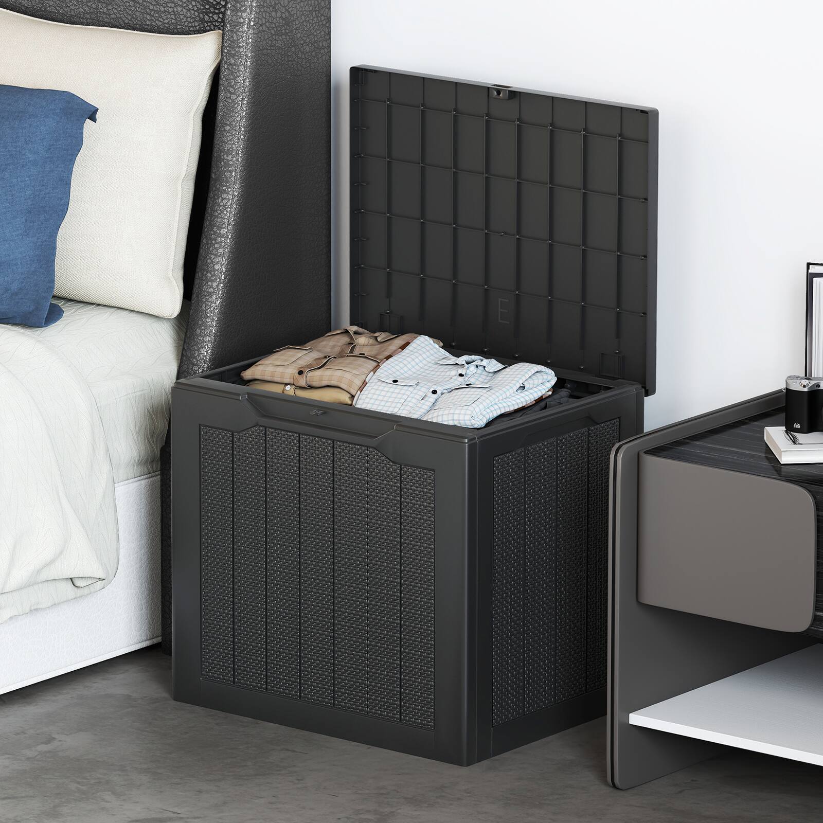 Alt View 3. Gymax - Gymax Outdoor Storage Box w/Lockable Lid & Wicker-woven Texture for Pool Accessories Black - Black.