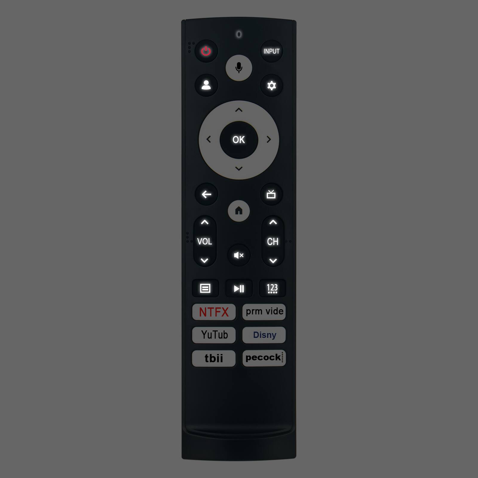 OK  
VOL  
CH  
X  
123 ....  
NTFX  
prm vide  
YuTub  
Disny  
tbi  
pecock