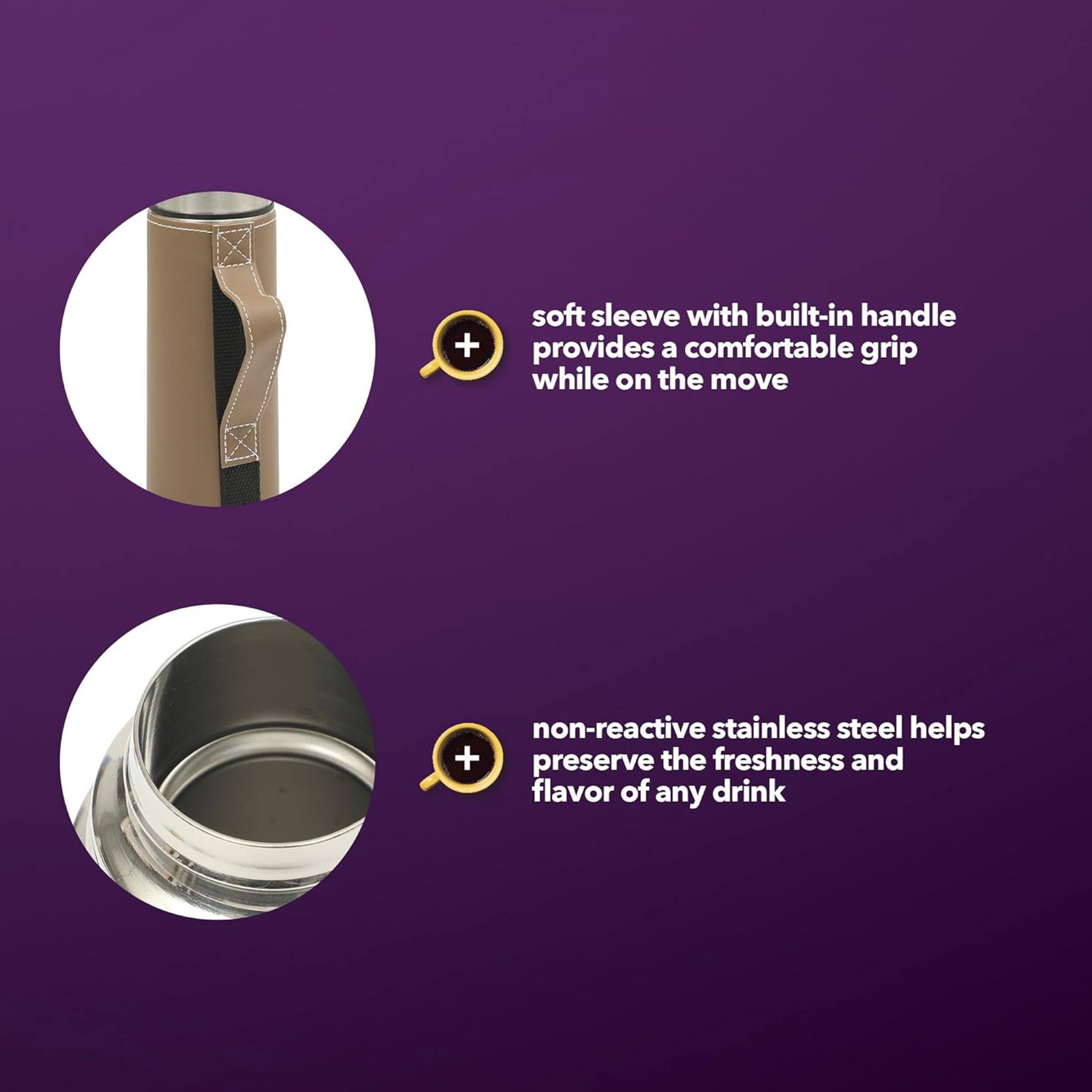 - Soft sleeve with built-in handle provides a comfortable grip while on the move
- Non-reactive stainless steel helps preserve the freshness and flavor of any drink