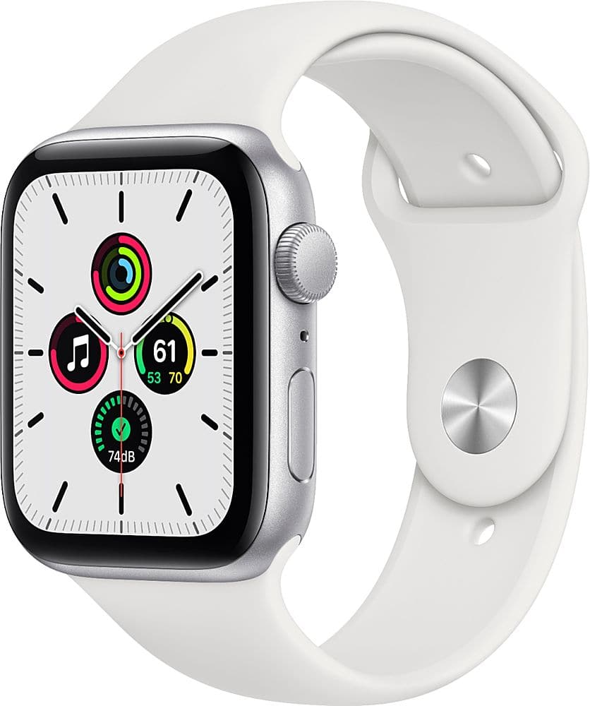 Front. Apple - Geek Squad Certified Refurbished Watch SE (GPS) 44mm Silver Aluminum Case with White Sport Band - Silver.
