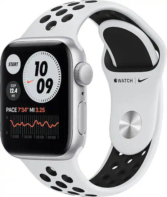 Apple Geek Squad Certified Refurbished Watch Nike SE GPS 40mm Aluminum Case with Pure Platinum Black Nike Sport Band Silver TI GSRF MYYD2LL A Best Buy