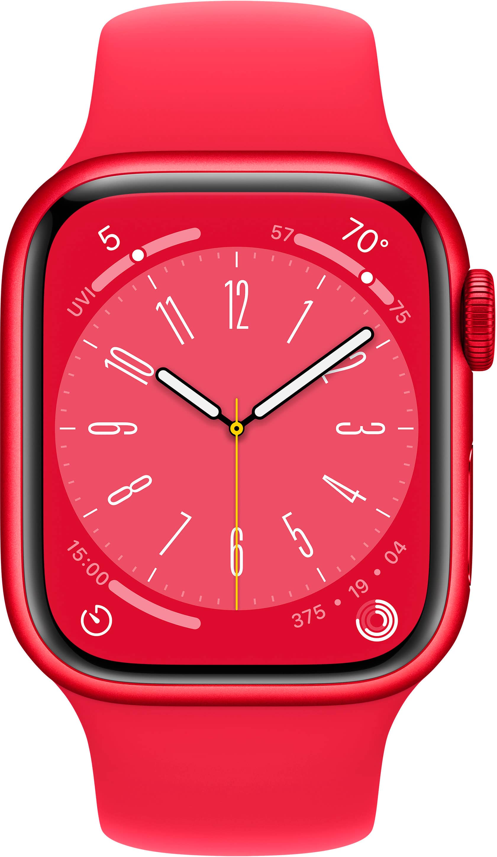 Angle. Apple - Geek Squad Certified Refurbished Watch Series 8 (GPS) 41mm Aluminum Case with (PRODUCT)RED Sport Band - S/M - (PRODUCT)RED.