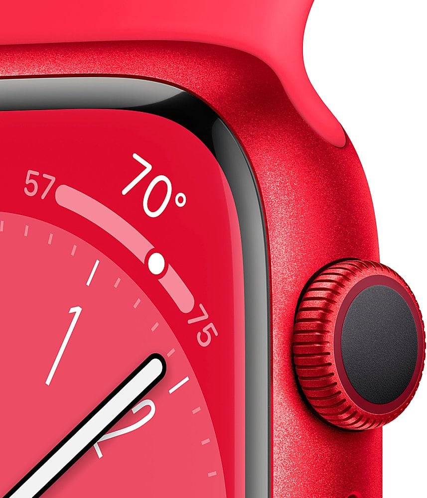 Left. Apple - Geek Squad Certified Refurbished Watch Series 8 (GPS) 41mm Aluminum Case with (PRODUCT)RED Sport Band - S/M - (PRODUCT)RED.