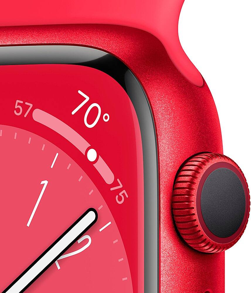 Left. Apple - Geek Squad Certified Refurbished Watch Series 8 (GPS) 41mm Aluminum Case with (PRODUCT)RED Sport Band - S/M - (PRODUCT)RED.