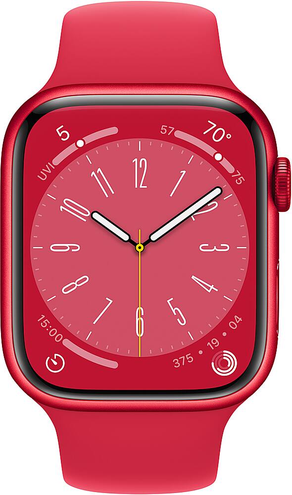 Angle. Apple - Apple Geek Squad Certified Refurbished Watch Series 8 (GPS) 45mm Aluminum Case with (PRODUCT)RED Sport Band - S/M - (PRODUCT)RED.