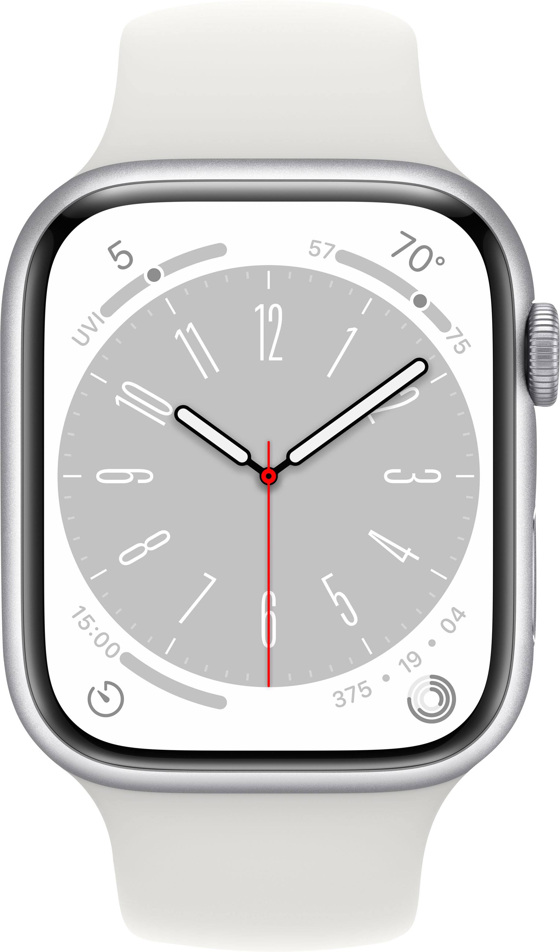 Angle. Apple - Apple Geek Squad Certified Refurbished Watch Series 8 (GPS) 45mm Aluminum Case with White Sport Band - S/M - Silver.