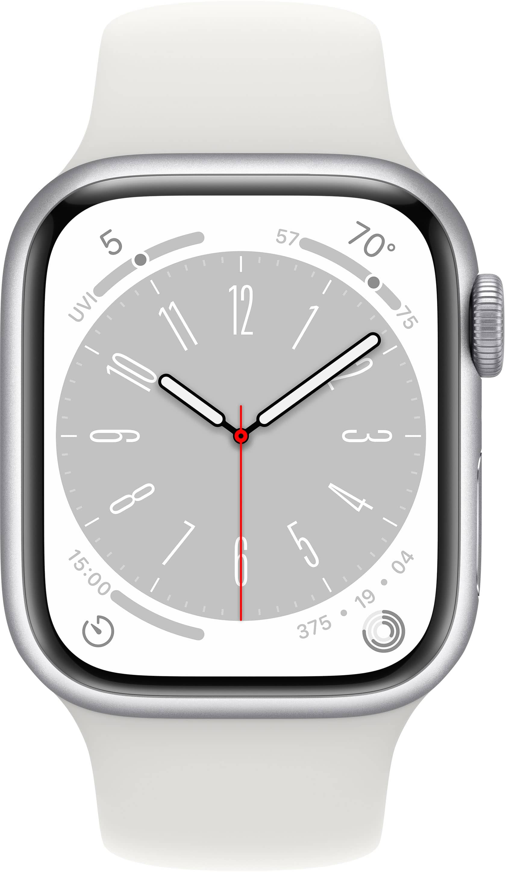 Angle. Apple - Apple Geek Squad Certified Refurbished Watch Series 8 (GPS) 41mm Aluminum Case with White Sport Band - M/L - Silver.