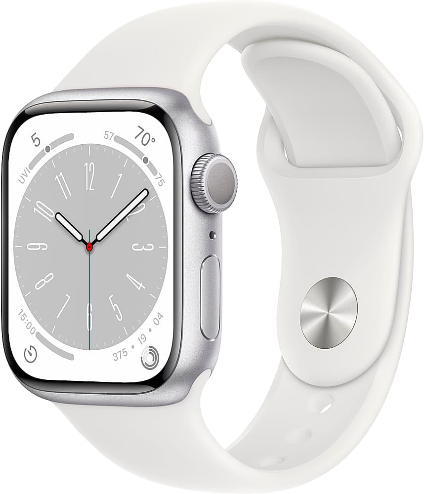 Apple Geek Squad Certified Refurbished Watch Series 8 (GPS) 41mm Aluminum Case with White Sport Band - M/L - Silver - (2022) - Front_Zoom