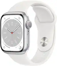 Front. Apple - Apple Geek Squad Certified Refurbished Watch Series 8 (GPS) 41mm Aluminum Case with White Sport Band - M/L - Silver.