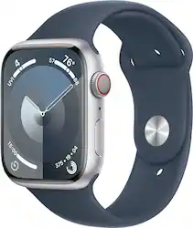 Apple Watch Series 9 (GPS + Cellular) 45mm Silver Aluminum Case with Storm Blue Sport Band with Blood Oxygen - M/L - Silver (Verizon) - (2023) - Front_Zoom