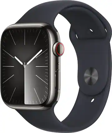 Front. Apple - Geek Squad Certified Refurbished Apple Watch Series 9 (GPS + Cellular) 45mm Stainless Steel Case with Sport Band - Graphite.