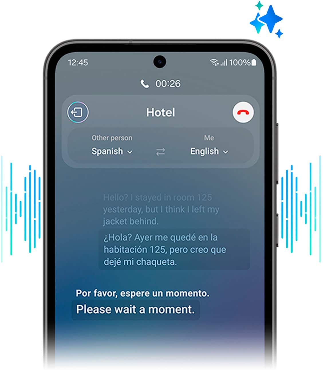 The image features a smartphone with a Live Translate app that allows users to speak foreign languages on the spot. The app is being used to communicate with a hotel, with the conversation displayed in both English and Spanish. The phone is also equipped with Galaxy AI, which enhances the user's experience. The image emphasizes the convenience and efficiency of using this technology to communicate in different languages without needing to wait for a translation service.