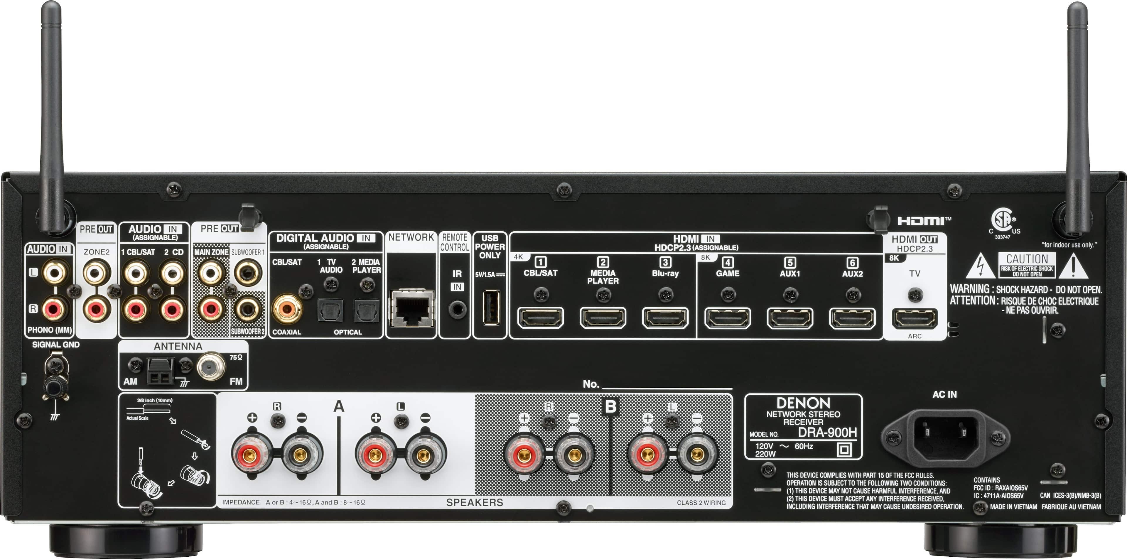 Back. Denon - DRA-900H 100W 2.2-Ch. Bluetooth Capable with HEOS 8K Ultra HD HDR Compatible Stereo Receiver with Alexa - Black.