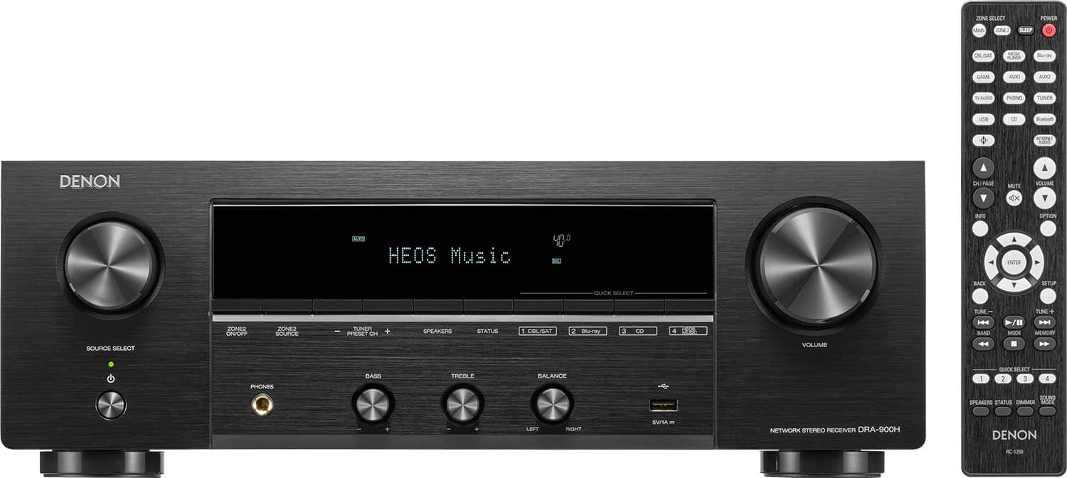 Angle. Denon - DRA-900H 100W 2.2-Ch. Bluetooth Capable with HEOS 8K Ultra HD HDR Compatible Stereo Receiver with Alexa - Black.