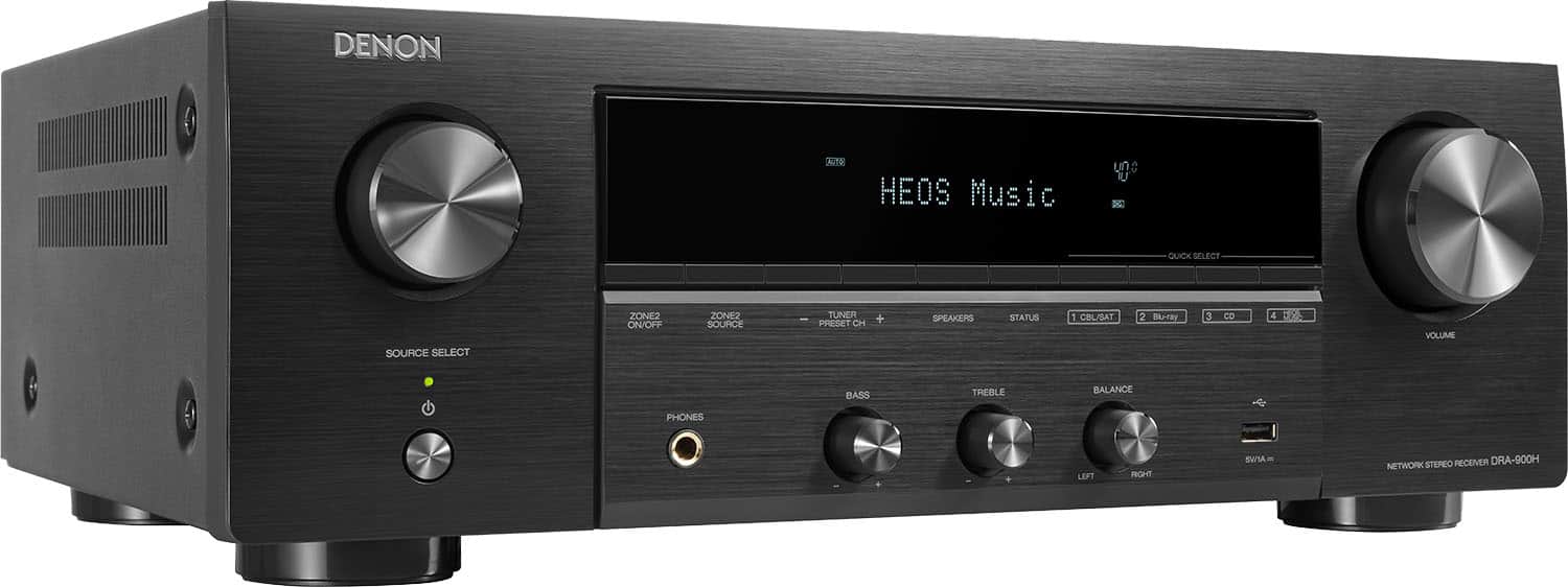 Left. Denon - DRA-900H 100W 2.2-Ch. Bluetooth Capable with HEOS 8K Ultra HD HDR Compatible Stereo Receiver with Alexa - Black.