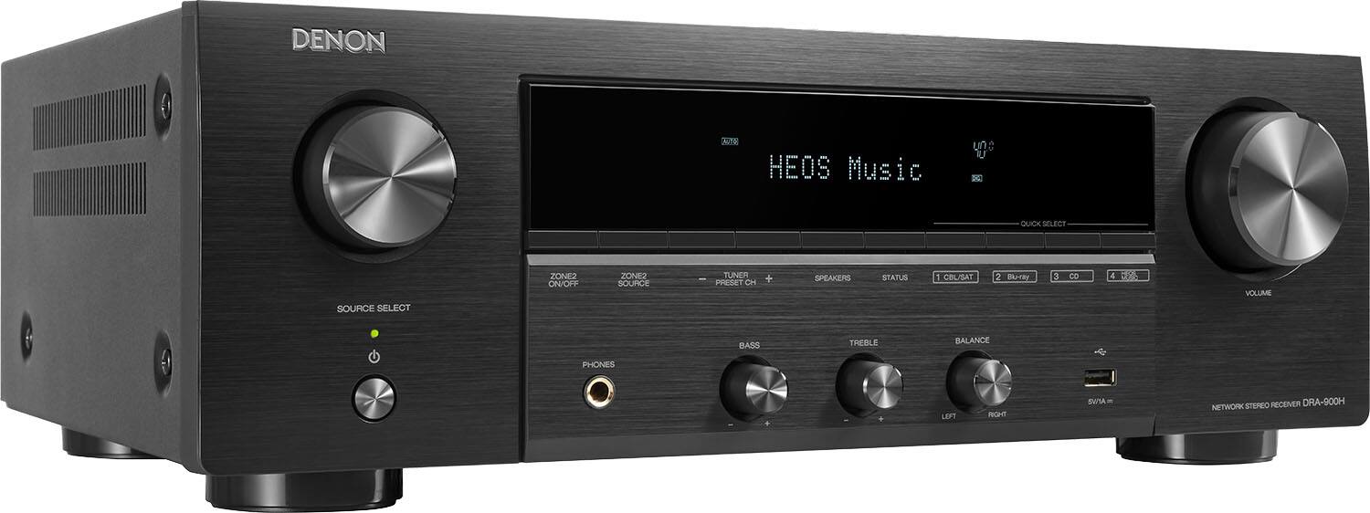 Left. Denon - DRA-900H 100W 2.2-Ch. Bluetooth Capable with HEOS 8K Ultra HD HDR Compatible Stereo Receiver with Alexa - Black.