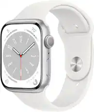 Front. Apple - Apple Geek Squad Certified Refurbished Watch Series 8 (GPS) 45mm Aluminum Case with White Sport Band - M/L - Silver.