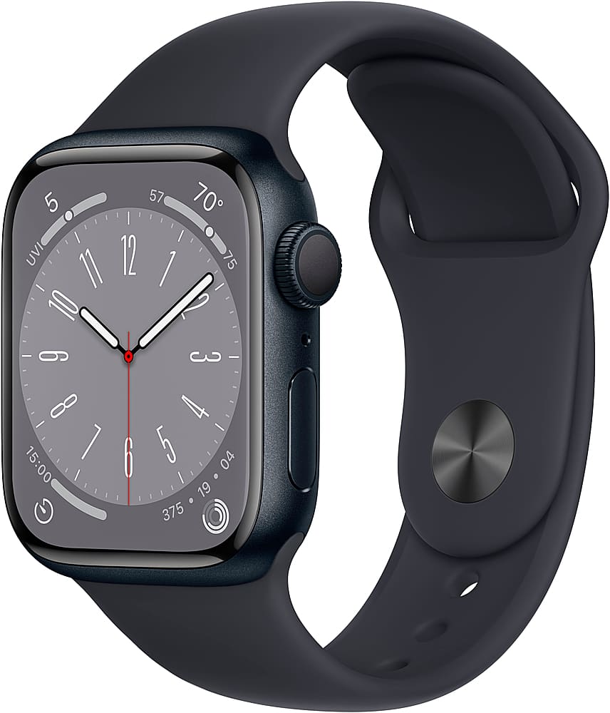 Front. Apple - Geek Squad Certified Refurbished Watch Series 8 (GPS) 41mm Aluminum Case with Midnight Sport Band - S/M - Midnight.