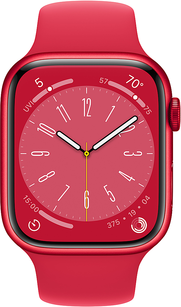 Angle. Apple - Geek Squad Certified Refurbished Watch Series 8 (GPS) 45mm Aluminum Case with (PRODUCT)RED Sport Band - M/L - (PRODUCT)RED.