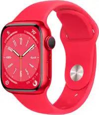Front. Apple - Geek Squad Certified Refurbished Watch Series 8 (GPS) 41mm Aluminum Case with (PRODUCT)RED Sport Band - M/L - (PRODUCT)RED.