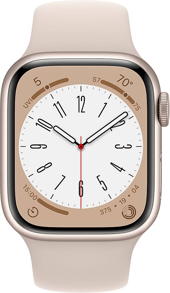 Angle. Apple - Geek Squad Certified Refurbished Watch Series 8 (GPS) 41mm Aluminum Case with Starlight Sport Band - M/L - Starlight.